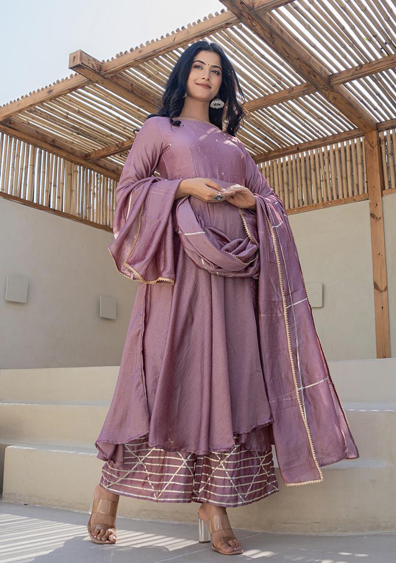 Mauve Hand Printed Chiffon Crepe Salwar Kameez With Dupatta