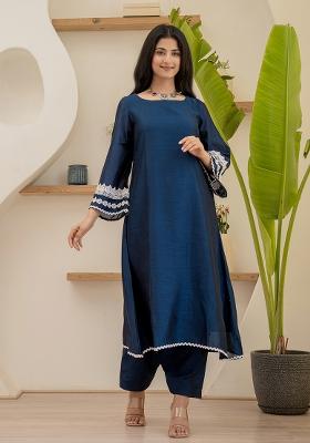 Navy Blue Hand Printed Chiffon Crepe Salwar Kameez