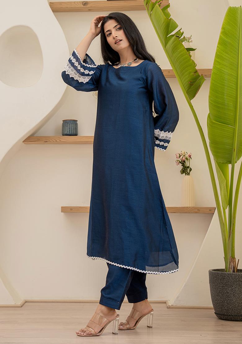 Navy Blue Hand Printed Chiffon Crepe Salwar Kameez