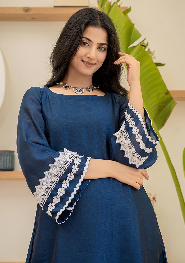 Navy Blue Hand Printed Chiffon Crepe Salwar Kameez