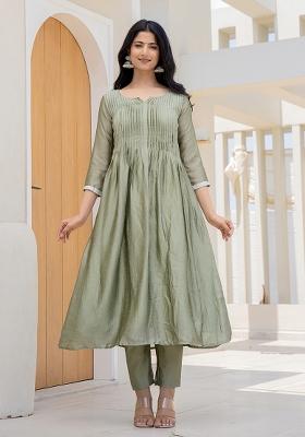 Olive Hand Printed Chiffon Crepe Salwar Kameez With Dupatta