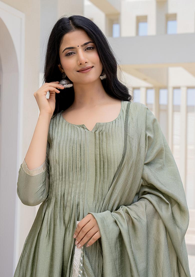 Olive Hand Printed Chiffon Crepe Salwar Kameez With Dupatta