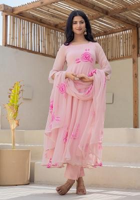 Peach Hand Printed Georgette Salwar Kameez With Dupatta