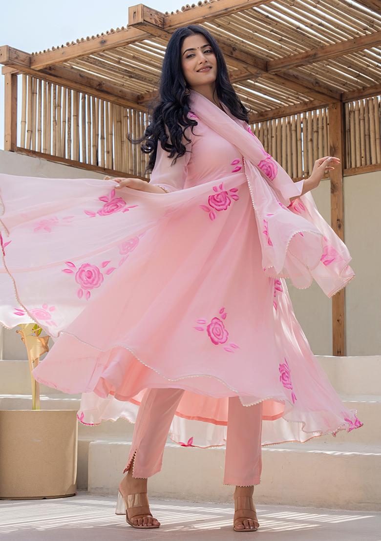 Peach Hand Printed Georgette Salwar Kameez With Dupatta