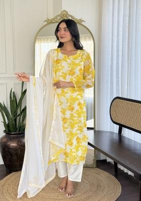 Yellow Printed Georgette Salwar Kameez With Dupatta