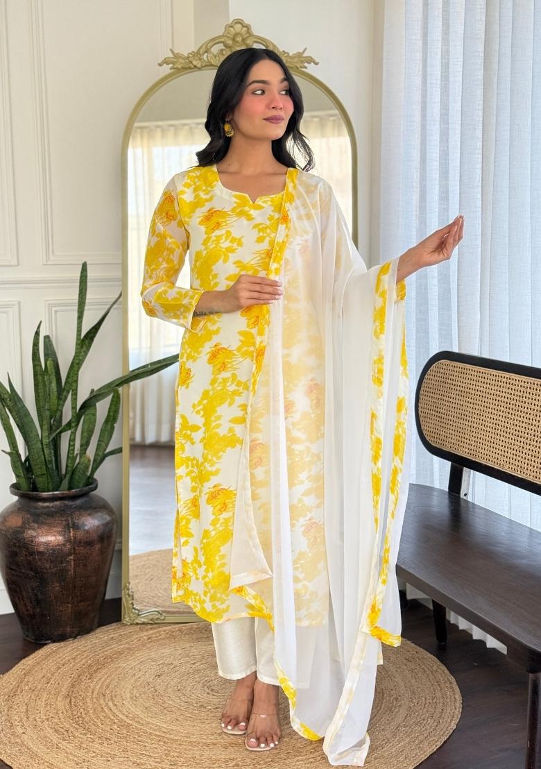 Yellow Printed Georgette Salwar Kameez With Dupatta