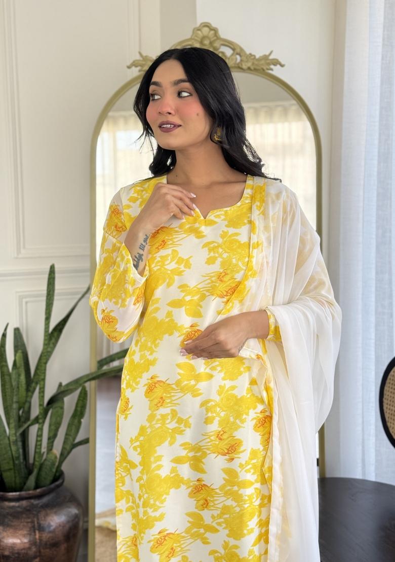 Yellow Printed Georgette Salwar Kameez With Dupatta