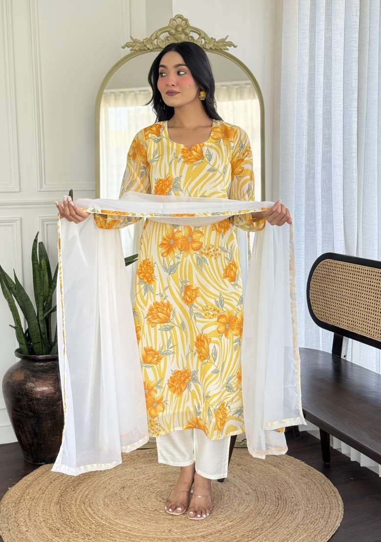 Mustard Yellow Printed Georgette Salwar Kameez With Dupatta - Indya