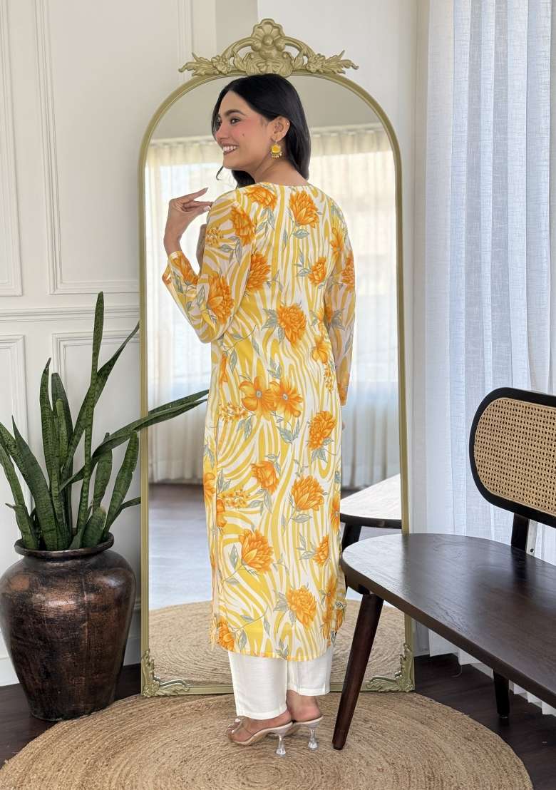 Mustard Yellow Printed Georgette Salwar Kameez With Dupatta - Indya