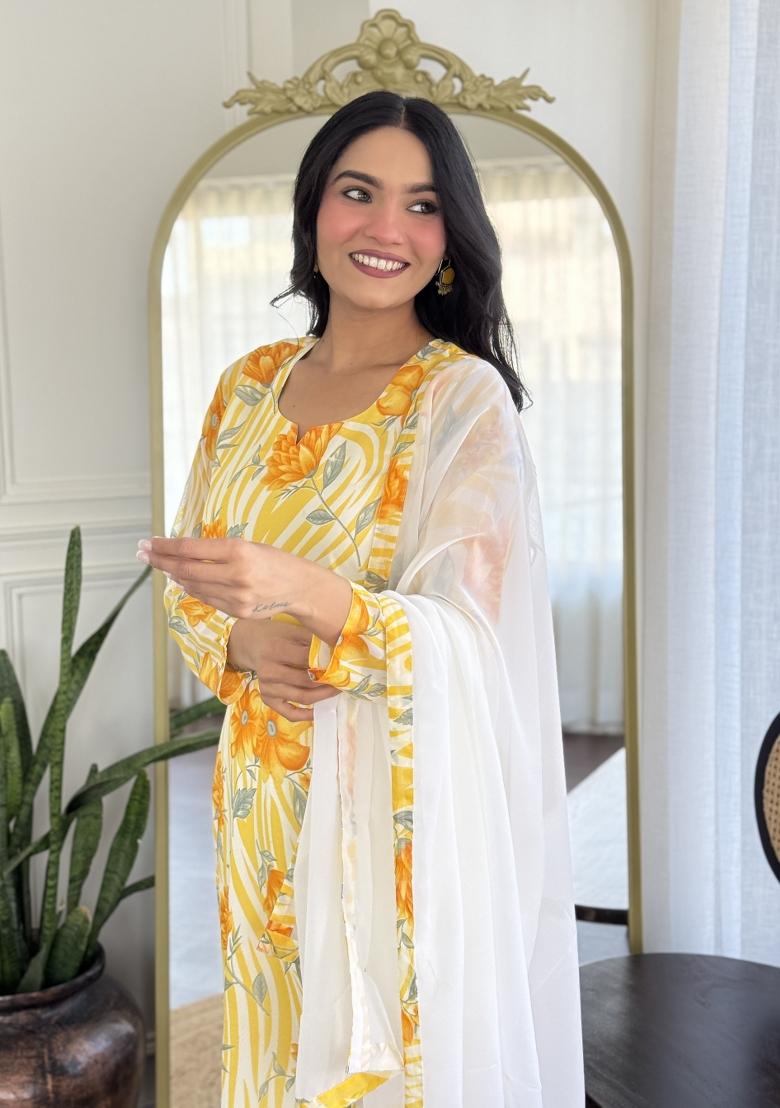 Mustard Yellow Printed Georgette Salwar Kameez With Dupatta
