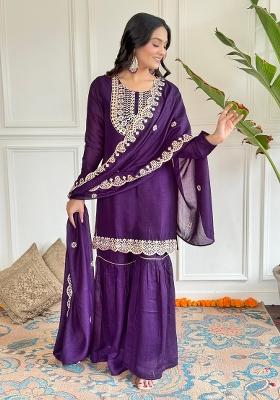 Wine Embroidered Vichitra Silk Sharara Set With Dupatta