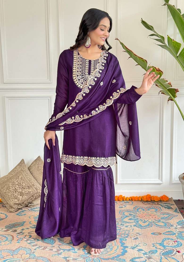 Wine Embroidered Vichitra Silk Sharara Set With Dupatta - Indya