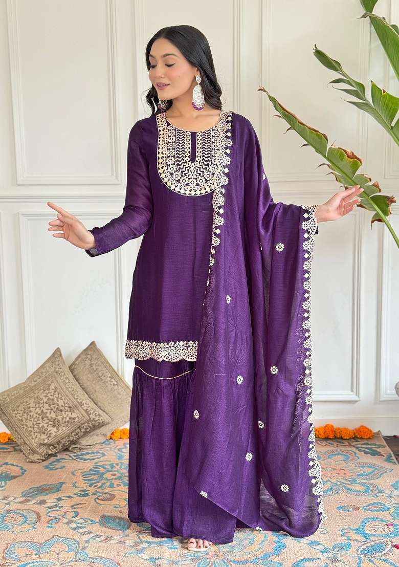 Wine Embroidered Vichitra Silk Sharara Set With Dupatta - Indya