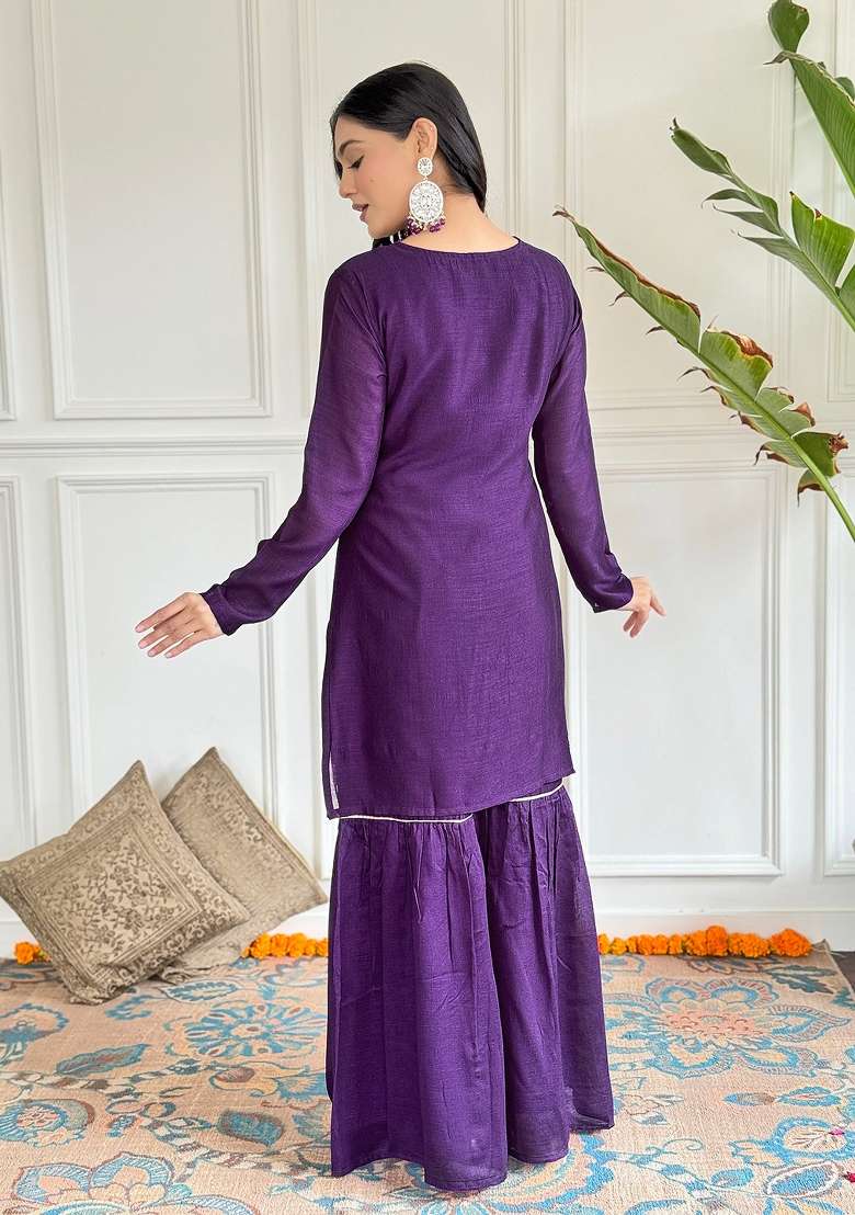 Wine Embroidered Vichitra Silk Sharara Set With Dupatta - Indya