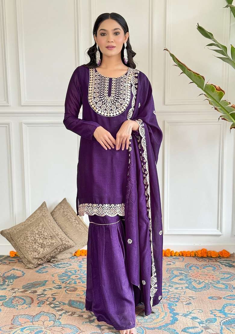 Wine Embroidered Vichitra Silk Sharara Set With Dupatta - Indya