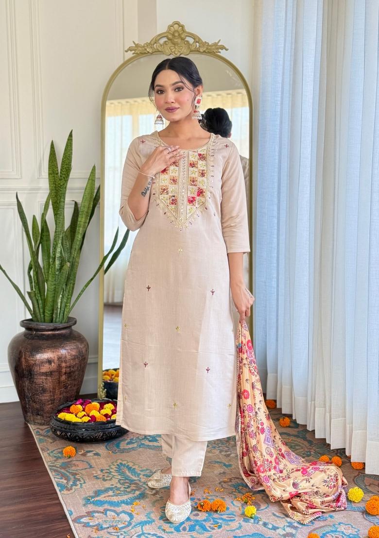 Beige Embroidered Rayon Sharara Set With Dupatta
