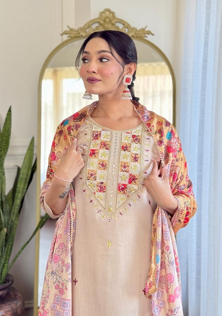 Beige Embroidered Rayon Sharara Set With Dupatta