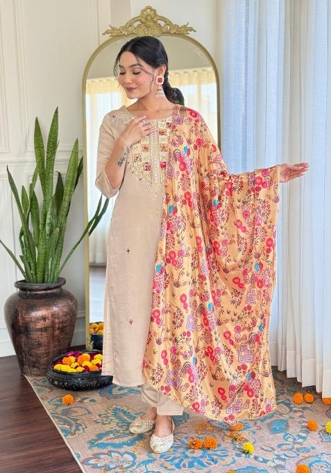 Beige Embroidered Rayon Sharara Set With Dupatta