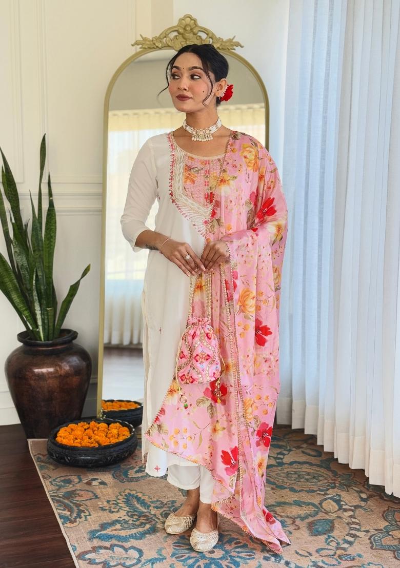 Off White Embroidered Rayon Sharara Set With Dupatta