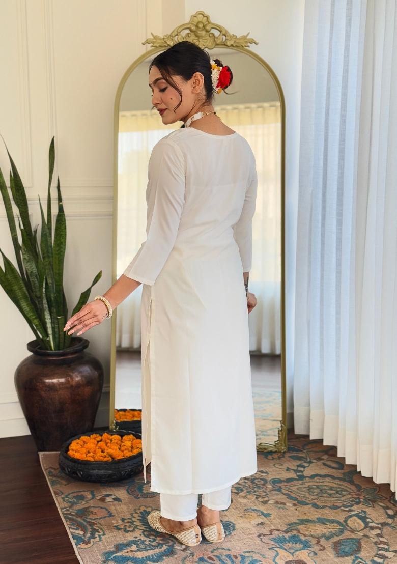 Off White Embroidered Rayon Sharara Set With Dupatta