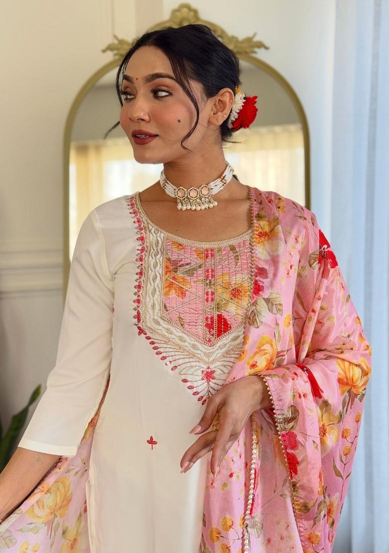 Off White Embroidered Rayon Sharara Set With Dupatta