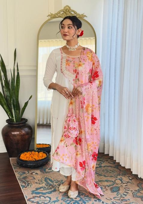 Off White Embroidered Rayon Sharara Set With Dupatta