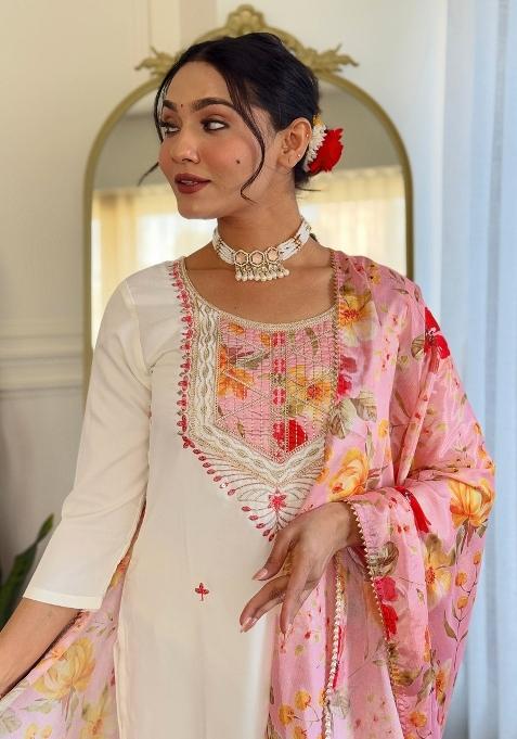 Off White Embroidered Rayon Sharara Set With Dupatta