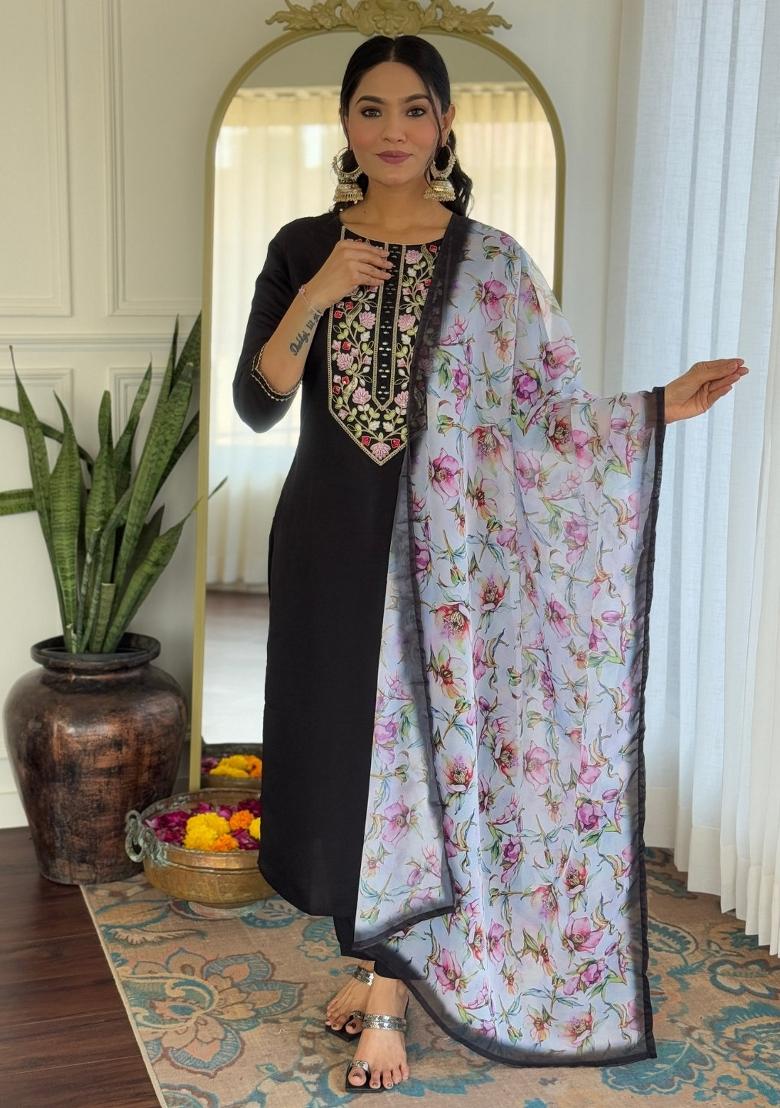 Black Embroidered Rayon Sharara Set With Dupatta