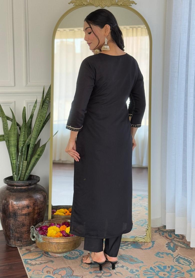 Black Embroidered Rayon Sharara Set With Dupatta