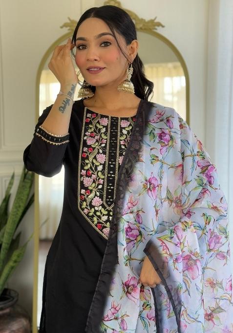 Black Embroidered Rayon Sharara Set With Dupatta