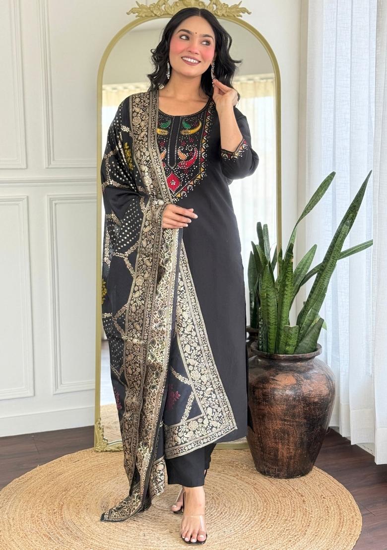 Black Embroidered Roman Silk Sharara Set With Dupatta