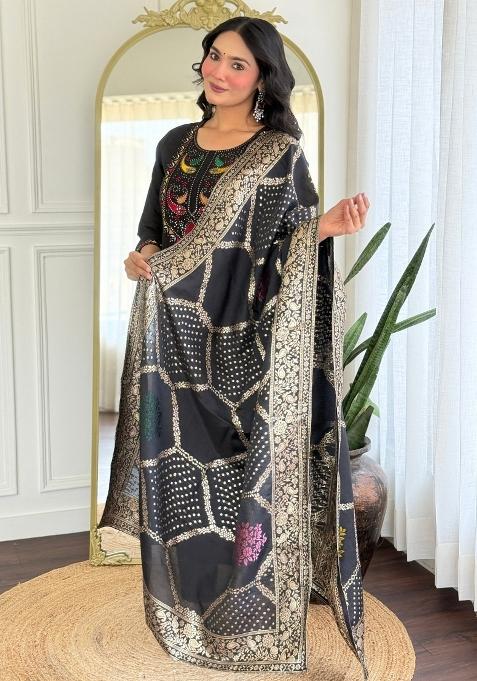 Black Embroidered Roman Silk Sharara Set With Dupatta