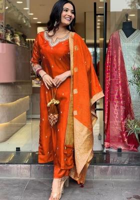 Orange Embroidered Roman Silk Sharara Set With Dupatta