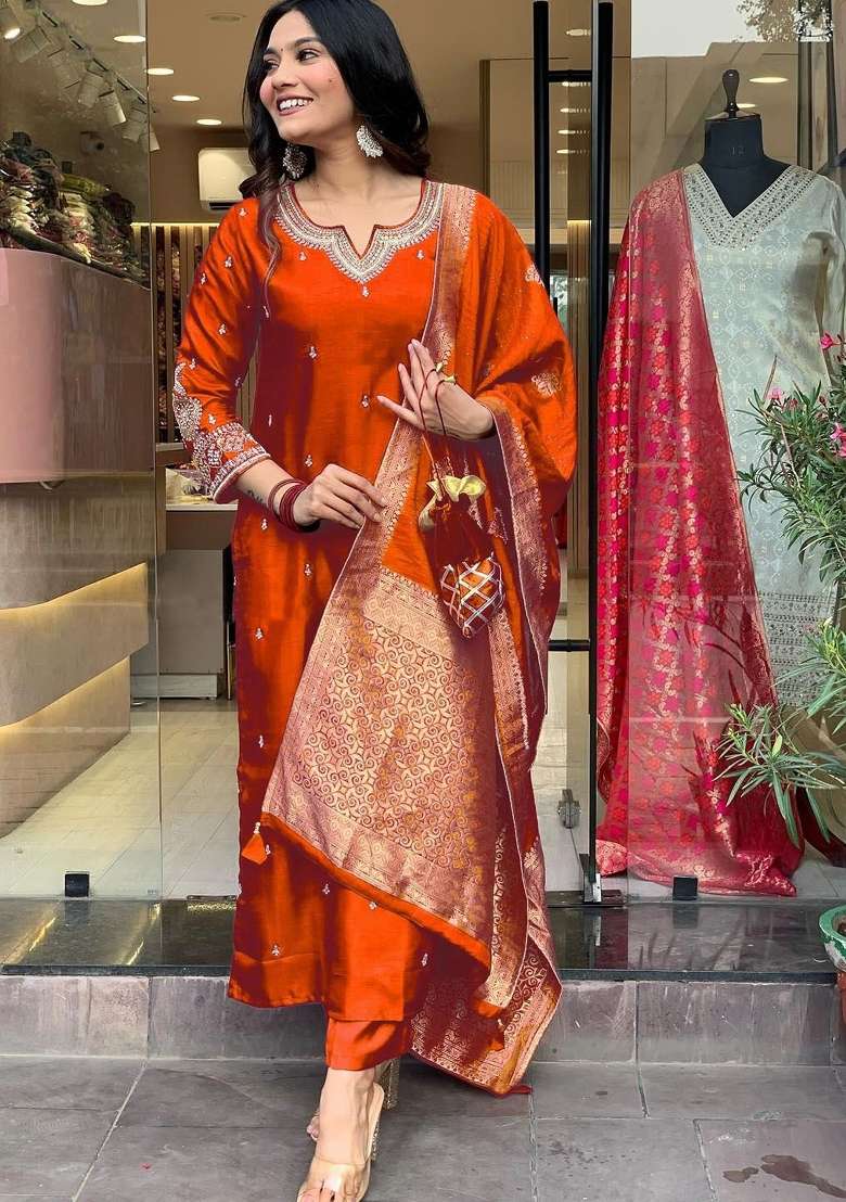 Orange Embroidered Roman Silk Sharara Set With Dupatta - Indya