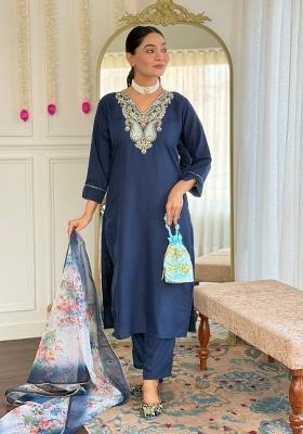 Blue Embroidered Rayon Slub Sharara Set With Dupatta