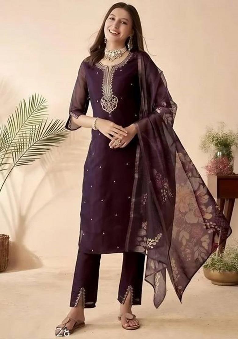 Wine Embroidered Chanderi Silk Sharara Set With Dupatta