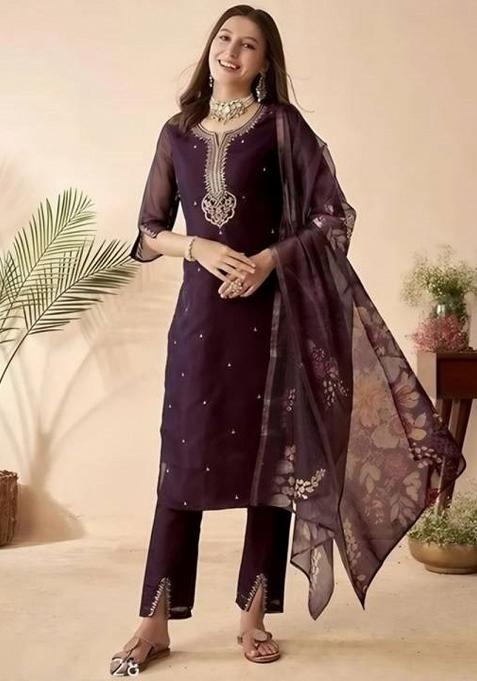 Wine Embroidered Chanderi Silk Sharara Set With Dupatta