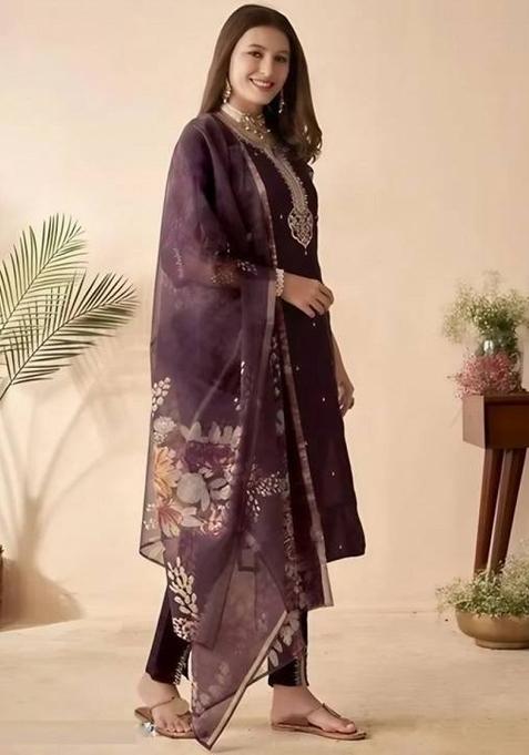 Wine Embroidered Chanderi Silk Sharara Set With Dupatta