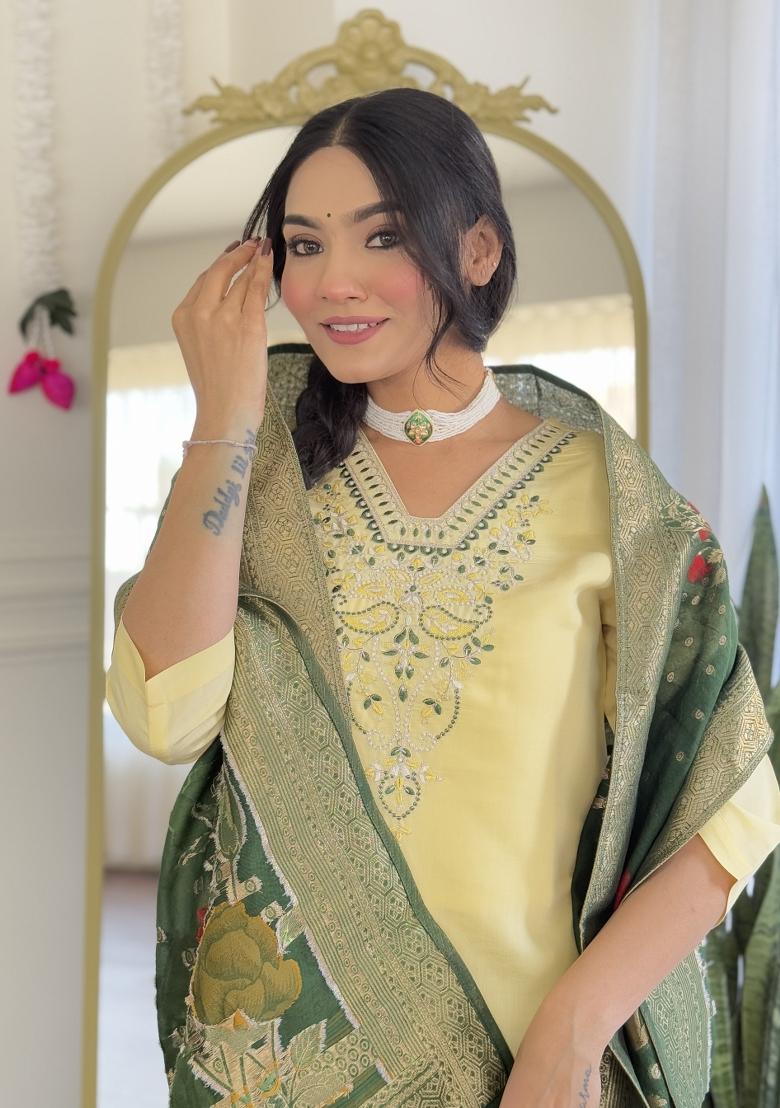Yellow Embroidered Chanderi Viscose Sharara Set With Dupatta