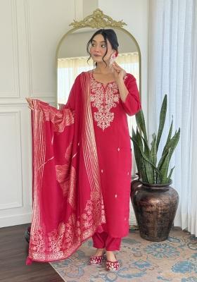 Pink Embroidered Roman Silk Sharara Set With Dupatta