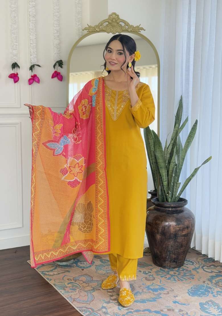 Mustard Yellow Embroidered Chanderi Silk Sharara Set With Dupatta - Indya