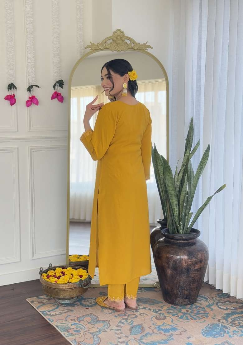 Mustard Yellow Embroidered Chanderi Silk Sharara Set With Dupatta - Indya