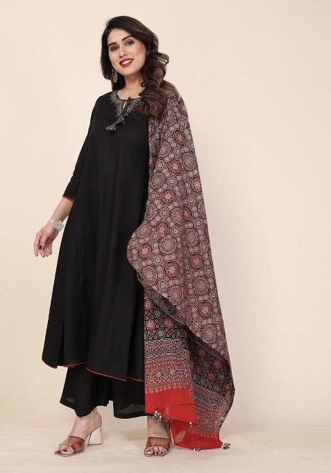 Black Embroidered Viscose Sharara Set With Dupatta