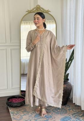 Chiku Brown Embroidered Vichitra Silk Sharara Set With Dupatta