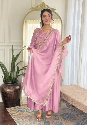 Pink Embroidered Vichitra Silk Sharara Set With Dupatta