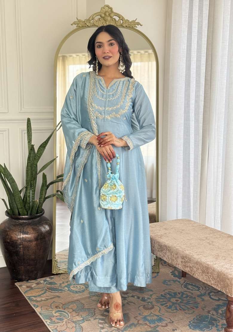 Sky Blue Embroidered Vichitra Silk Sharara Set With Dupatta - Indya