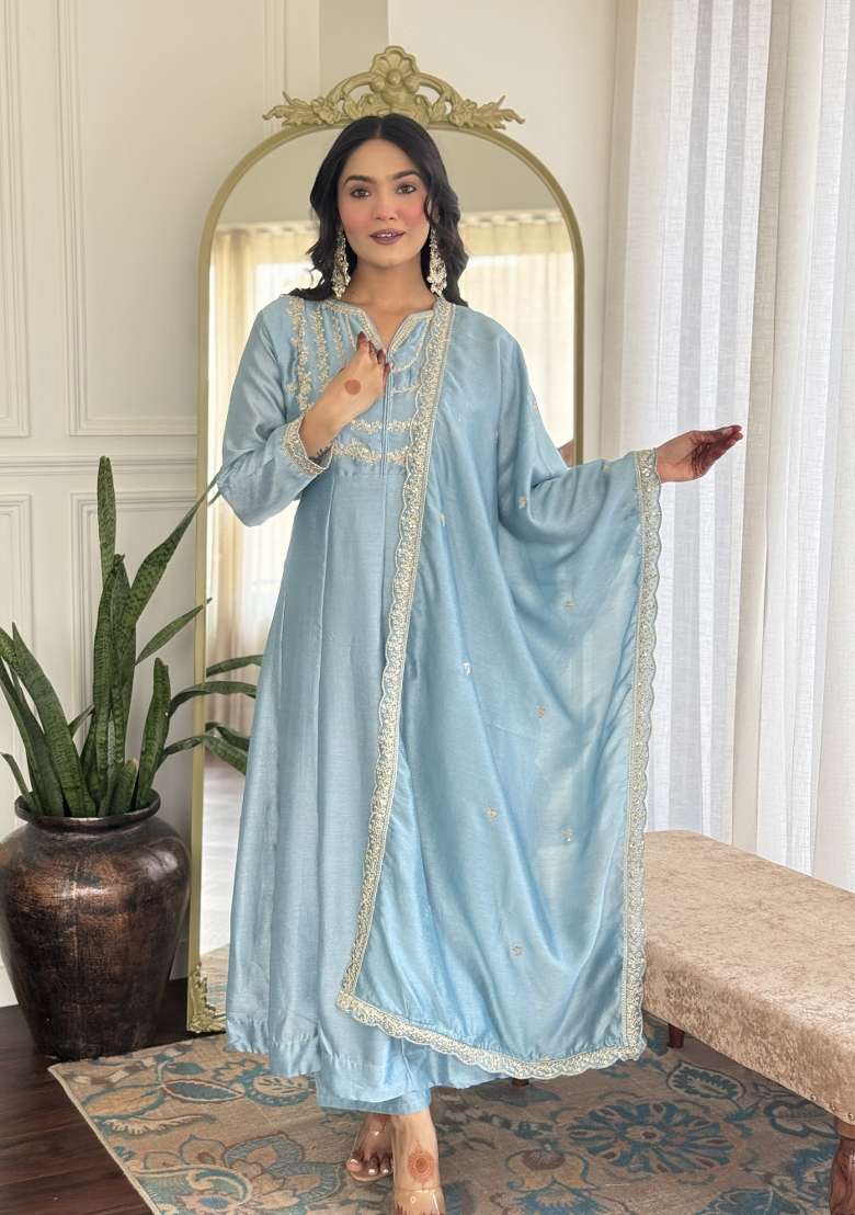 Sky Blue Embroidered Vichitra Silk Sharara Set With Dupatta - Indya