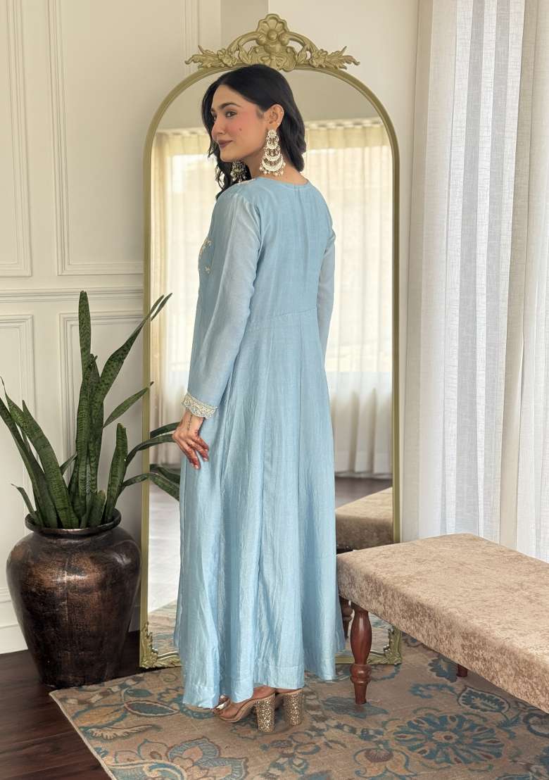 Sky Blue Embroidered Vichitra Silk Sharara Set With Dupatta - Indya