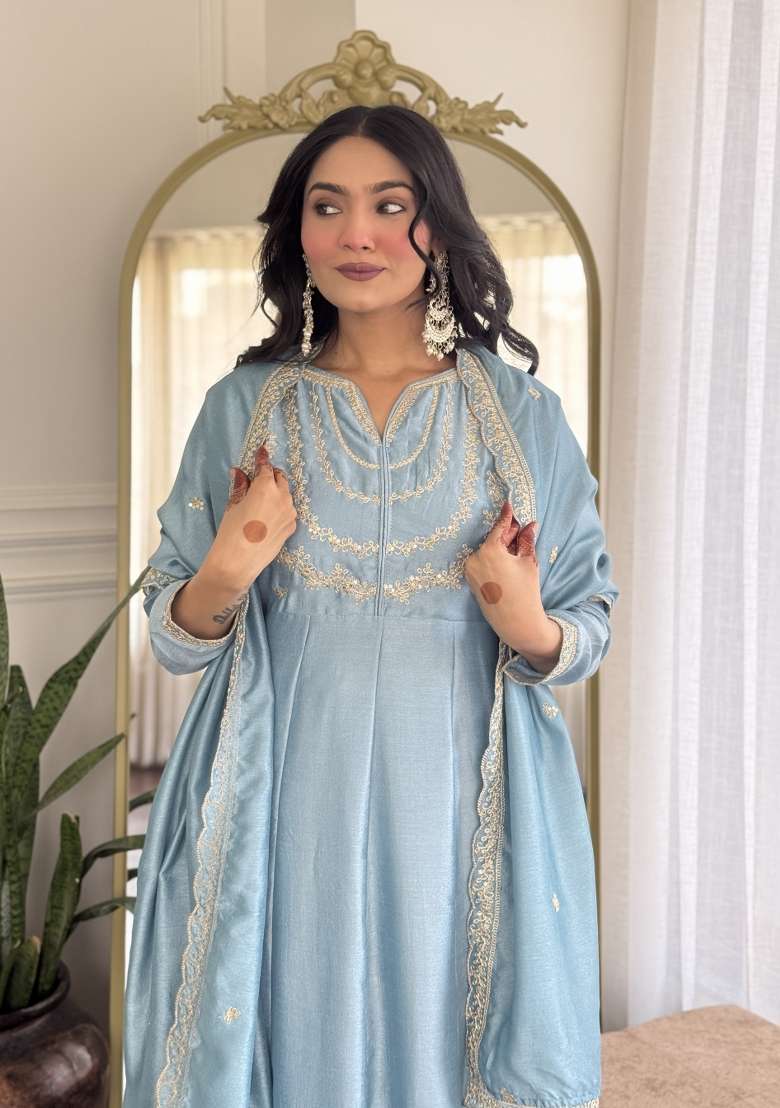 Sky Blue Embroidered Vichitra Silk Sharara Set With Dupatta - Indya