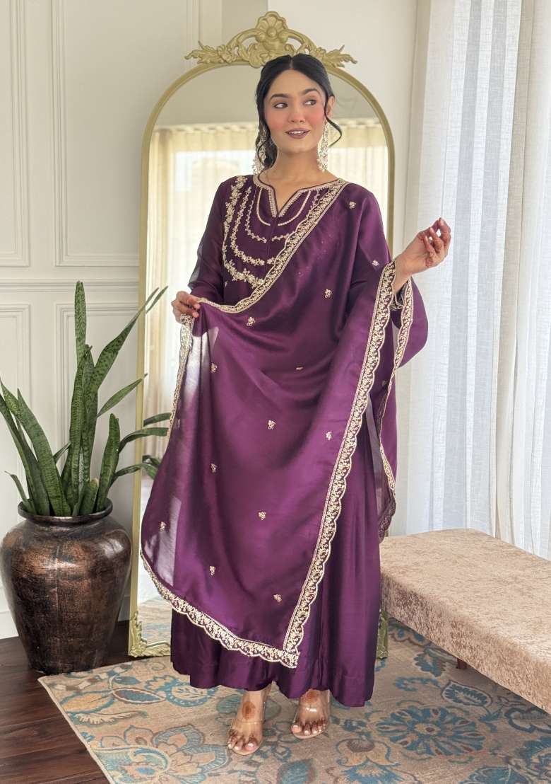 Wine Embroidered Vichitra Silk Sharara Set With Dupatta - Indya